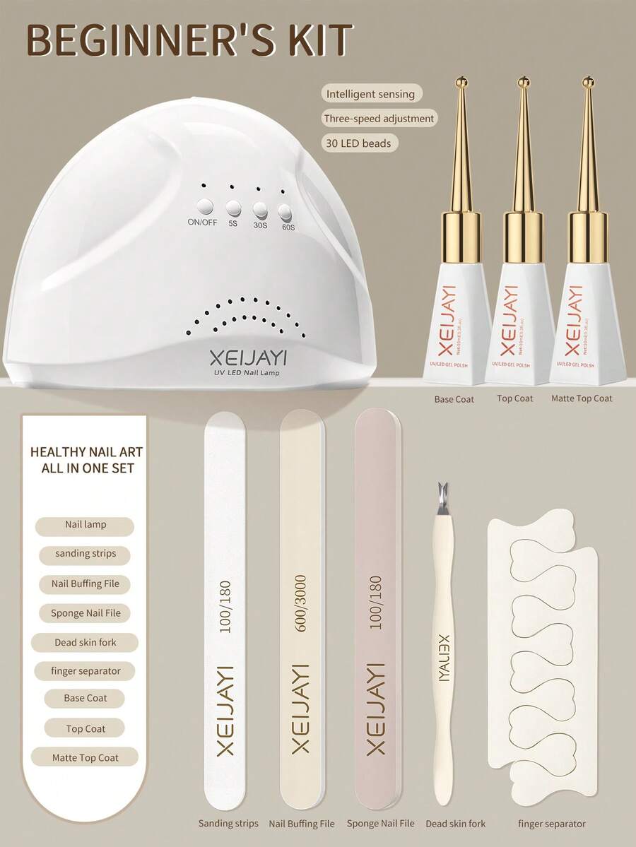 XEIJAYI 三层美甲灯护理套装，包含底油、亮油、哑光油、抛光海绵、脚趾分离器，DIY美甲套装 - 彩色 - 查看 1
