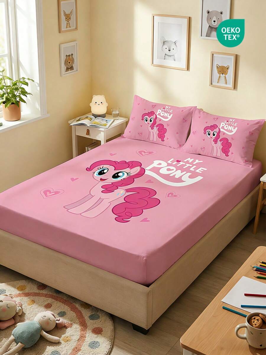 MY LITTLE PONY Bộ 2/3 món ga trải giường in hình , bao gồm ga trải giường vừa vặn và tấm bảo vệ nệm, mềm mại và thoáng khí, có nhiều kích cỡ cho giường đơn/đôi/nữ hoàng/vua, có thể giặt máy, thiết kế hoạt hình, trang trí phòng ấm cúng, món quà tuyệt vời, màu hồng, đạt chứng nhận OEKO-TEX.