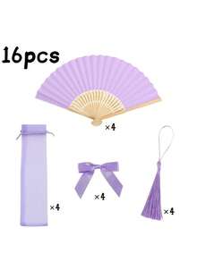 Conjunto de Leques Roxos para Presente de Casamento (Para Ela/Ele) | Leques dobráveis femininos com laços e borlas, bolsa de malha transparente, presentes decorativos para chás de panela, festas de casamento, aniversários, adereços para fotos de madrinhas, leque de verão - Roxo - Ver 5