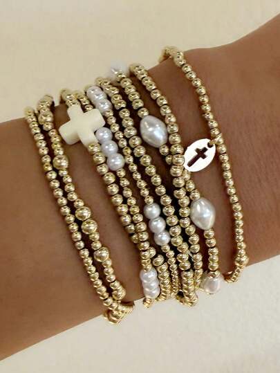 9pcs/Set Fashion CCB Golden Beads, Faux Pearl, Multi-Layer Elastic Bracelet Set, Stackable, Cross Pendant, Bracelet For Women, Daily, Vacation, Party Jewelry