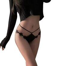 Low-Rise,-Strapped, Openwork Women's Briefs With Embroidered Flowers And Silky Satin Cotton Crotch. - xanh quân đội - Xem 11