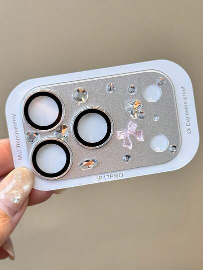 Luxury Bling Glitter 3D Diamond Heart Bowknot Camera Protector Film Compatible With IPhone 17 Pro Max 17 Pro Heart Scratch-Proof Lens Camera Film Protector