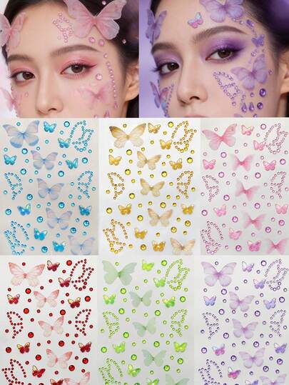 1 Sheet Sparkling Diamond Butterfly Eye Rhinestone Sticker Eye Decoration Face Sticker Dreamy Purple Blue Pink Red Green Yellow Butterfly Face Decoration Sticker Suitable For Girls To DIY Makeup Face Decoration Party Stage Creative Makeup Stickers