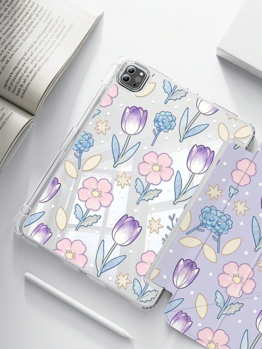 This Beautiful And Adorable Cartoon Floral And Star Double-Sided Acrylic Crystal Clear Back Cover Is Shock-Resistant And Durable, Suitable For IPad 7th, 8th, And 10th Generation (10.2 Inch). It Has A Built-In Pen Slot, Supports Sleep/Wake Function, And Multiple Folding Stand Modes, Making It An Excellent Holiday Gift. - Multicolor - View 1