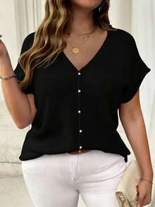 Plus Size Deep V-Neck Knit Top, Semi-Sheer Dropped Shoulder Design, Regular Length, Slightly Stretchy Black Summer - Black - View 1
