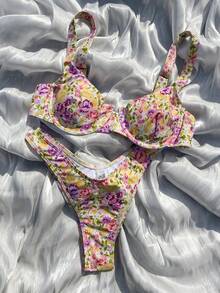 2 Stücke Damen Bikini Set mit Blume Muster, Dreieckiger Top + Hochtaillierte Hose, frisch süßer passender Strandurlaubs-Outfit - Verschiedenfarbig - Übersicht 2