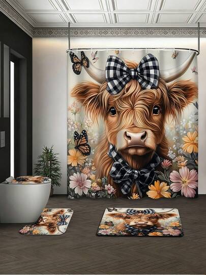 4件套浴室防水防霉速干涤纶浴帘套装，72x72英寸，包含蝴蝶花卉格子图案浴帘、浴室地垫、U型马桶盖套和12个免费挂钩，适用于家庭、公寓、宿舍。