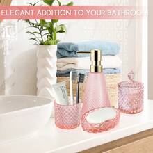 5-Piece Pink Glass Bathroom Accessories Set, Includes Triangle Soap/Lotion Dispenser, Soap Dish, Toothbrush Holder, Tumbler & Cotton Swab Jars,Modern Crystal Decor For Bathroom - Housewarming Gift - 粉色 - 查看 8