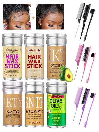 ikt 헤어 왁스 스틱 & 3개 빗 세트 - 잔머리 제어를 위한 슬릭 백 헤어 엣지 브러쉬, 여성을 위한 스타일링 필수품이 포함된 휴대용 그루밍 키트