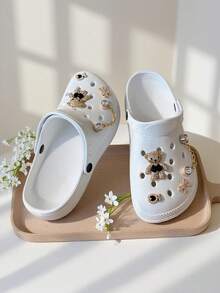 女士夏季金色小熊链条休闲镂空拖鞋，防滑耐磨EVA沙滩鞋，透气设计，多功能户外人字拖 - 白色Jx - 查看 5