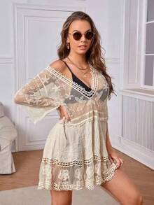 New V-Neck Lace Embroidered Sunscreen Outfit, Sexy Bikini Swimsuit, Beach Cover For Women - Màu vàng - Xem 8