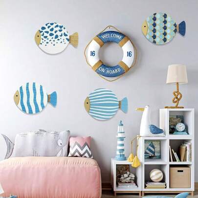 4 bức tranh cá bằng gỗ in 2D kiểu cổ điển, trang trí nhà cửa, tranh treo tường phòng ngủ, đồ trang trí bằng gỗ xuyên biên giới mới.