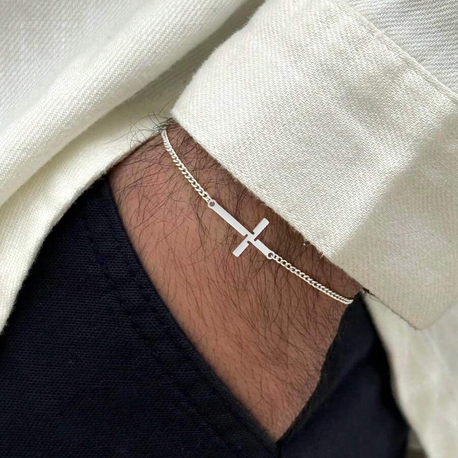 1pc Fashion Simple Cross Golden/Silvery Stainless Steel Chain Bracelets For Men - Cross - View 1