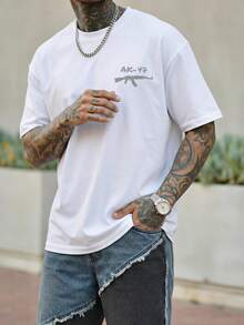 FRACTYR 男士印花T恤，休闲街头风，宽松圆领，夏季款 - 白色 - 查看 3