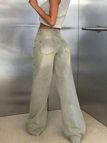Vintage Washed Diamond Decor High Waist Wide Leg Jeans - Women's Elegant Casual Sparkling Loose Fit Jeans Suitable For Summer, Party, Graduation, Country Music Festival, Boho, Vacation Winter - Light Wash - View 4