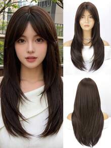 24英寸长直发层次感合成纤维中长假发，带刘海，适合日常佩戴或派对场合 - 棕色 - 查看 1