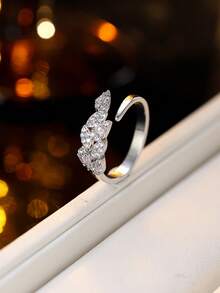 1pc Luxury Leaf Rhinestone Open Ring, Adjustable Minimalist Design Finger Ring, Delicate Versatile Jewelry Accessory For Women - Open Ring - View 8