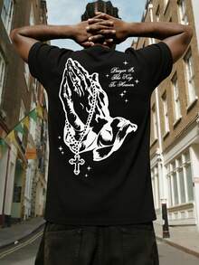 FRACTYR 男士休闲街头风宽松圆领印花T恤，夏季款 - 黑色 - 查看 2