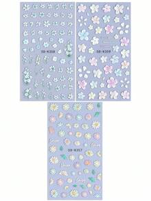 5D雏菊百合花浮雕美甲贴纸3片装，渐变彩色雏菊芙蓉花瓣绿叶藤蔓清新春夏花卉印花设计，DIY凝胶指甲油自粘沙龙贴纸滑动设计美甲装饰 - 彩色 - 查看 3