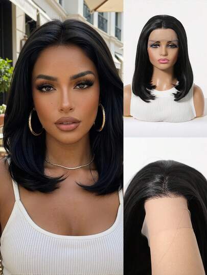 12 Inch 13x4 HD Lace Front Wig, Natural Black Straight Layered Bob Wig For Women, Machine Made Heat Resistant Synthetic Wig For Daily & Office Wear