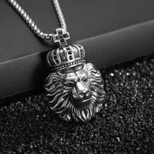 复古皇冠狮子吊坠男士项链时尚圣诞节情人节礼物守护饰品 - 銀色 - 查看 6