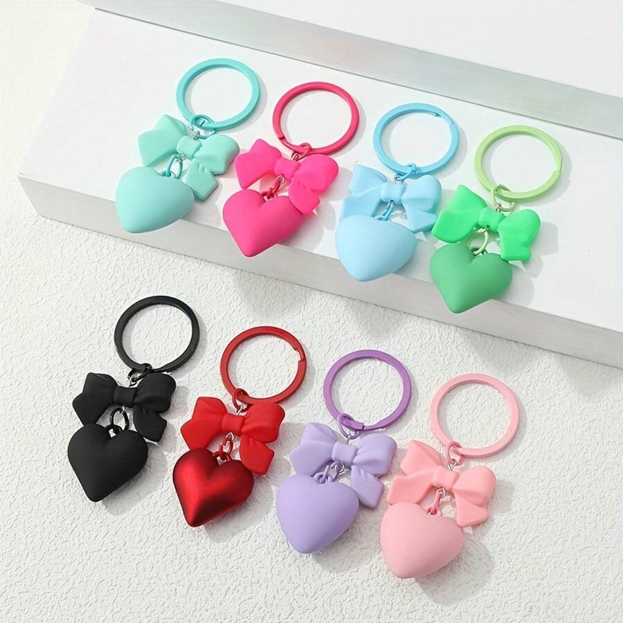 Y2K Bow Heart Keychain Cute Cool Matte Color Key Ring Purse Bag Backpack Car Key Charm Earbud Case Accessory Women   Gift - 黑色 - 查看 1