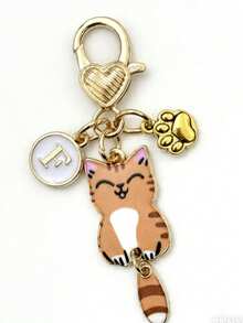 Customized Initial Cat Paw & Heart Keychain, Gold Heart Charm, Cat Paw Pendant, Gift For Girls - Khaki Cat + Paw Print Heart-shaped Buckle - View 7