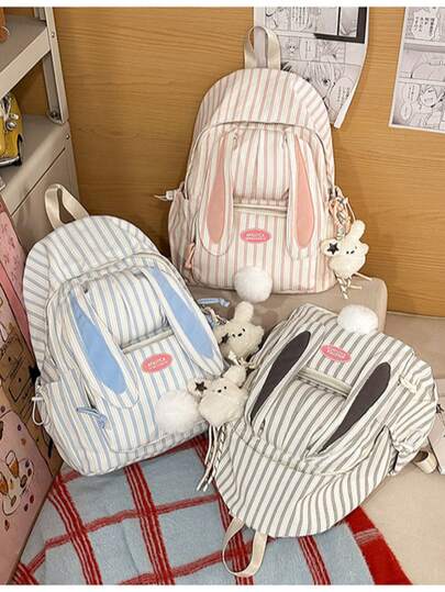 A Blue And White Striped/Pink And White Striped/White And Black Striped Rabbit Ear Decoration Nylon Material Large-Capacity Cute And Refined Unisex Backpack Campus Bookbag Collegiate Style Student Backpack Commuting Backpack For Middle School, High School, And College Students Back-To-School Supplies Gifts For Boys Gifts For Girls Unisex Design Christmas Gifts Valentine's Day Holiday Presents ,Bag Charm,Travel Must Haves,Vacation Essentials,College Essentials,