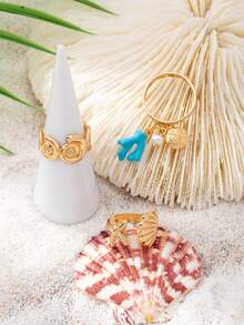 Set de 3 anillos ajustables con colgante de estrella de mar, concha y coral con tema oceánico, joyería decorativa para los dedos con estilo bohemio para vacaciones en la playa - Multicolor - Ver 2