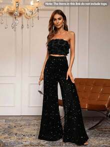 And Fashionable Women's Suit, One Neck Strapless, Applique Technique, Mid Waist Slimming Pants, Solid Color Sequins, Fashionable Casual Wide Leg Pants, Cocktail Party, Party, Christmas, Nightclub, Banquet, Film Festival, Cinema, Dance Party, Cocktail Party, Bar, Wedding, Graduation Ceremony, Back-To-School, Birthday Party, Rebellious Girl, Festival-Themed Party, Outwear, Street Fashion, Fashion Show, Date, Easter, Mother's Day, Going To Work At University, School, Village, Concert, Street Girl, Young Girl, Country Outfits For Women, Best Outwear For Women, Women's Vacation Clothing, Country Concert Outfit, Country Outfits For Women, Streetwear, Concert Outfit For Women, Boho Women's Clothing, Country Concert Outfit, Concert Outfits, Vaquera Outfit, Y2K Clothes, Women's Club Outfits, Y2K Women's Clothes, Women's Clothing, Country Concert Outfit For Women - 黑色 - 查看 1