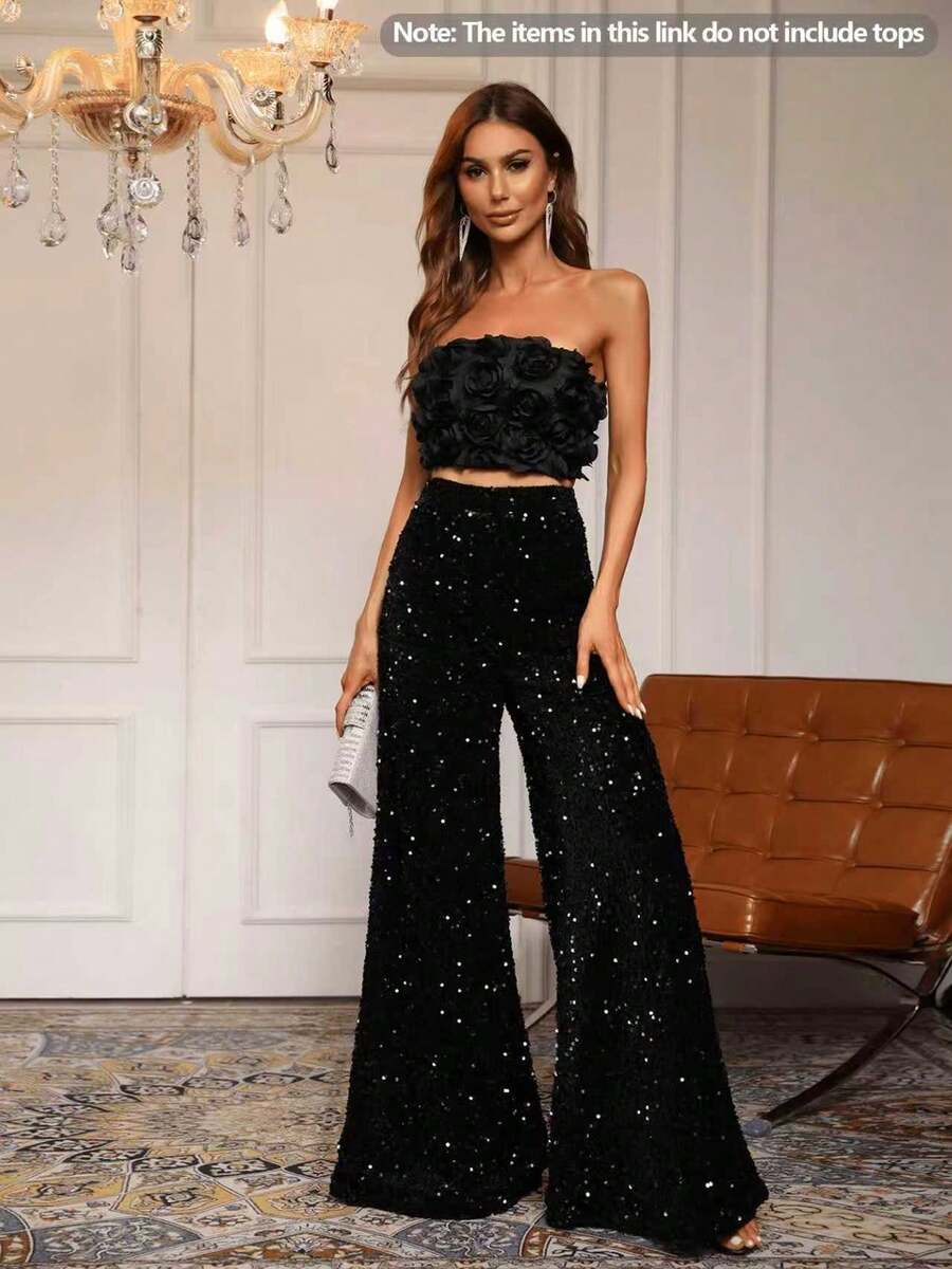 And Fashionable Women's Suit, One Neck Strapless, Applique Technique, Mid Waist Slimming Pants, Solid Color Sequins, Fashionable Casual Wide Leg Pants, Cocktail Party, Party, Christmas, Nightclub, Banquet, Film Festival, Cinema, Dance Party, Cocktail Party, Bar, Wedding, Graduation Ceremony, Back-To-School, Birthday Party, Rebellious Girl, Festival-Themed Party, Outwear, Street Fashion, Fashion Show, Date, Easter, Mother's Day, Going To Work At University, School, Village, Concert, Street Girl, Young Girl, Country Outfits For Women, Best Outwear For Women, Women's Vacation Clothing, Country Concert Outfit, Country Outfits For Women, Streetwear, Concert Outfit For Women, Boho Women's Clothing, Country Concert Outfit, Concert Outfits, Vaquera Outfit, Y2K Clothes, Women's Club Outfits, Y2K Women's Clothes, Women's Clothing, Country Concert Outfit For Women - 黑色 - 查看 1