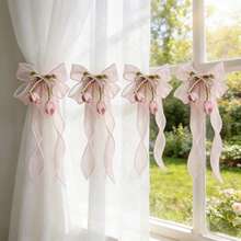 2 pièces/4 pièces Embrasses de rideaux en dentelle avec perles en forme de nœud papillon, décor de tulipes roses. Embrasses de rideaux de style princesse française avec ruban perlé pour la maison et les bureaux, décoratif - Rose bonbon - Voir 11