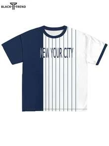 Camiseta de manga corta casual para hombres con bloques de color y rayas con eslogan de Nueva York - Multicolor - Ver 4