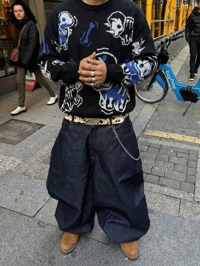 ANDREILEE 大码男士街头风美式个性化恐龙印花黑色长袖圆领毛衣，休闲宽松套头针织衫，适合春、秋、冬季穿着。