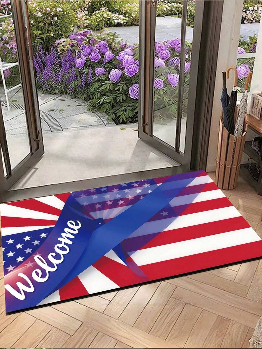 1pc 3D Radiant Sunburst American Flag Style Welcome Doormat, Independence Day Themed Rug, Square Doormat, Absorbent Non-Slip Bathroom Mat/Entrance Shoe Scraper Mat, Indoor Doormat, Rug, Bohemian Rug, Gray Rug, Decorative Carpet - Red, Blue and White Pact - View 1