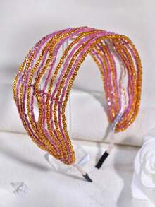 1pc Elegant Multi-Layer Crystal Headband, Women's Bridal Wedding Headpiece, Suitable For Casual Party, Banquet, Festival Occasions - Coral Orange - View 10