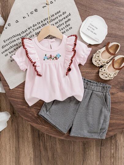Bộ 2 món cho bé gái, gồm áo cổ tròn tay loe và quần ống đứng thêu hoa, trang phục thường ngày cho bé gái.