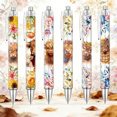 1/6/12/18 支装高地牛圆珠笔套装，奶牛纹笔，可爱文具配件，适合学校和家庭使用，桌面收纳装饰，主题情人节礼物