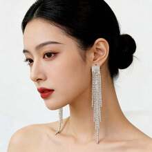 1 Pair European And American Classic Versatile Exaggerated Long Rhinestone Tassel Earrings, Luxury Elegant Earrings With Refined Details, Fashionable Unique Earrings For Women - Multicolor - View 9