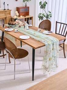 1pc Champagne Floral Embroidered Lace Table Runner, American Farmhouse Style Sheer Rectangular Tablecloth, Suitable For Weddings, Hotels, Daily Use, Holidays, Birthday Parties, Family Dinners, All Seasons - Champagne - View 6