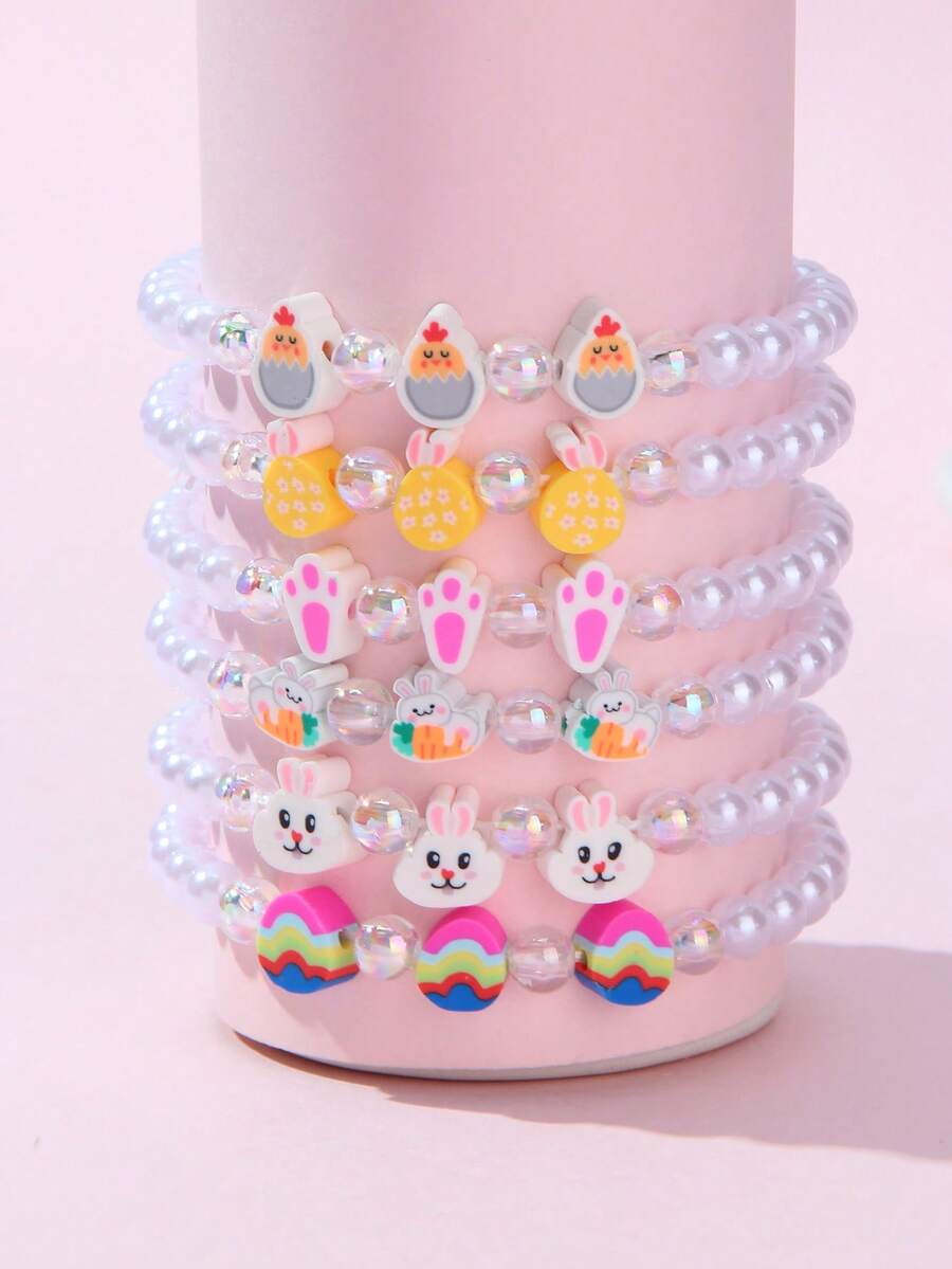 6 piezas Lindo conejo de perlas, huevo, pulsera de cuentas de perlas de arcilla polimérica de pollito, adecuado para que las niñas lo usen en Pascua, cumpleaños, fiesta - Multicolor - Ver 1