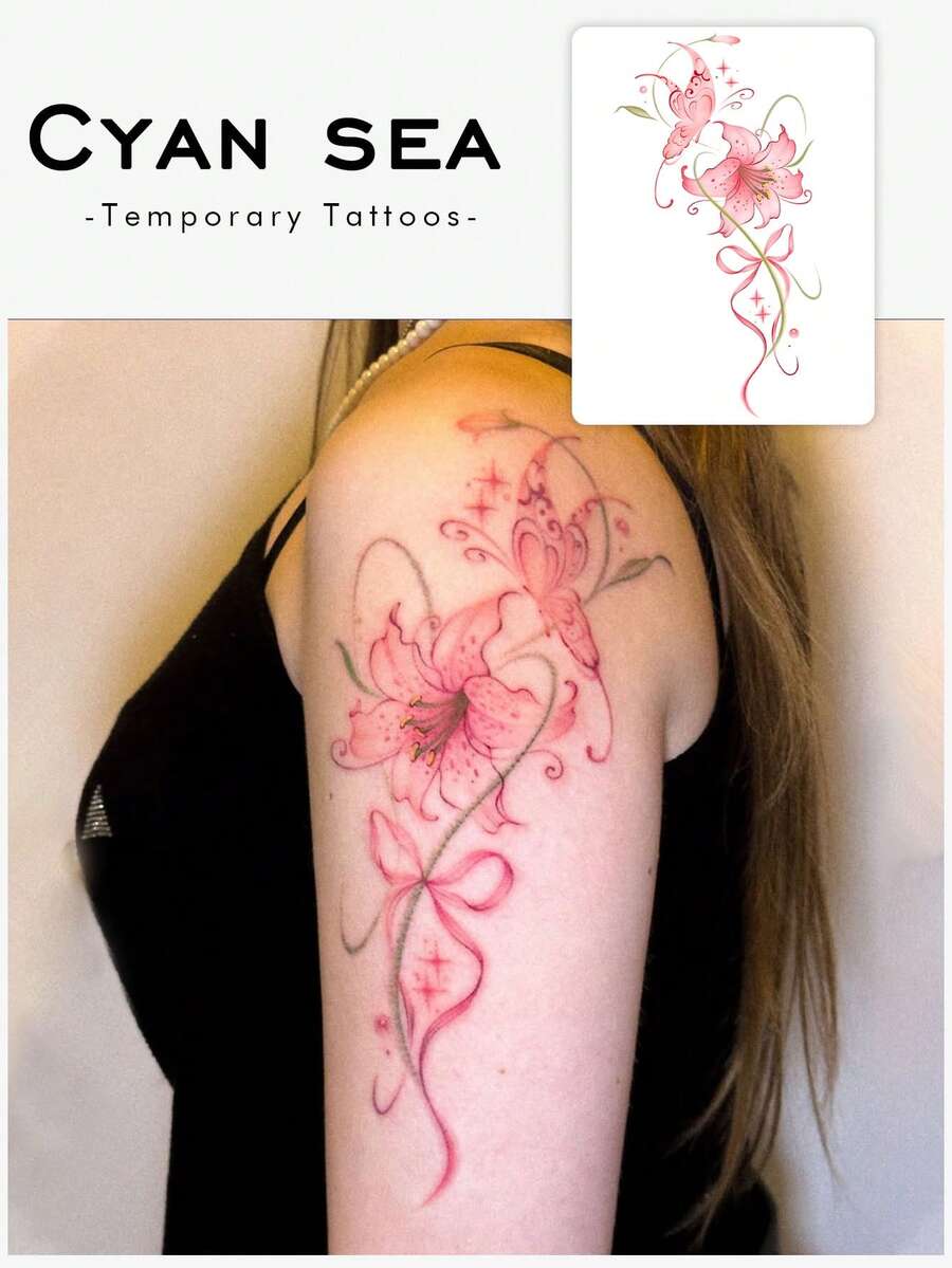 Washable, Waterproof, Sweatproof, Non-Reflective Temporary Tattoo Stickers, 1 Sheet, PVC Spring Pink Butterfly Kissing Lily, Soft And Beautiful Tattoo, Fashionable And Cool, Suitable For People, Daily Use, Lasts 3-5 Days. - Multicolor - View 1