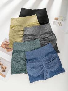 5PCS High-Waisted Solid Color Hip-Lifting Elastic Sports Shorts, Women's Sportswear Running Seamless Yoga Cycling Women's Sportswear Yoga Shorts Hiking, Fashionable Sportswear/Elastic Fabric, High-Waisted Shorts - 彩色 - 查看 8