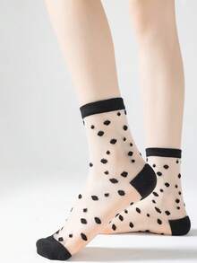 3 Pairs Women's Black Socks, Polka Dot & Butterfly Pattern, Thin Transparent Crystal Socks, Fashionable & Charming, Suitable For Spring/Summer - Black - View 2