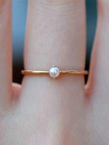 1pc Minimalist 18K Gold Plated Delicate 4-Prong Pearl Ring, Suitable For Daily Wear - Gold - View 4