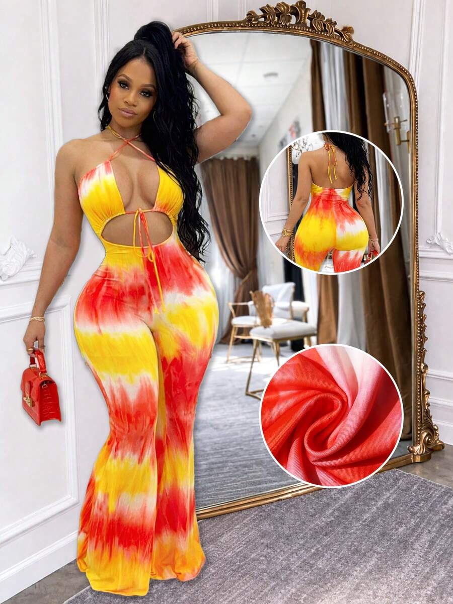 Summer Tie-Dye Halter Jumpsuit For Women, Flared Pants, Tie Front Cut-Out, Enterizos De Mujer Elegantes, Monos De Mujer, Casual Weekend & Party Outfit - 黃色 - 查看 1