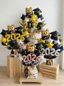 12 pièces/set Ballons de décoration pour fête de remise des diplômes, bouquet de ballons 4 styles, mini hibou docteur/bonnet de graduation/"Tu l'as fait" rond/ballons étoiles 10 pouces or/noir/argent/or rose, 2026, cérémonie de remise des diplômes - Voir 1