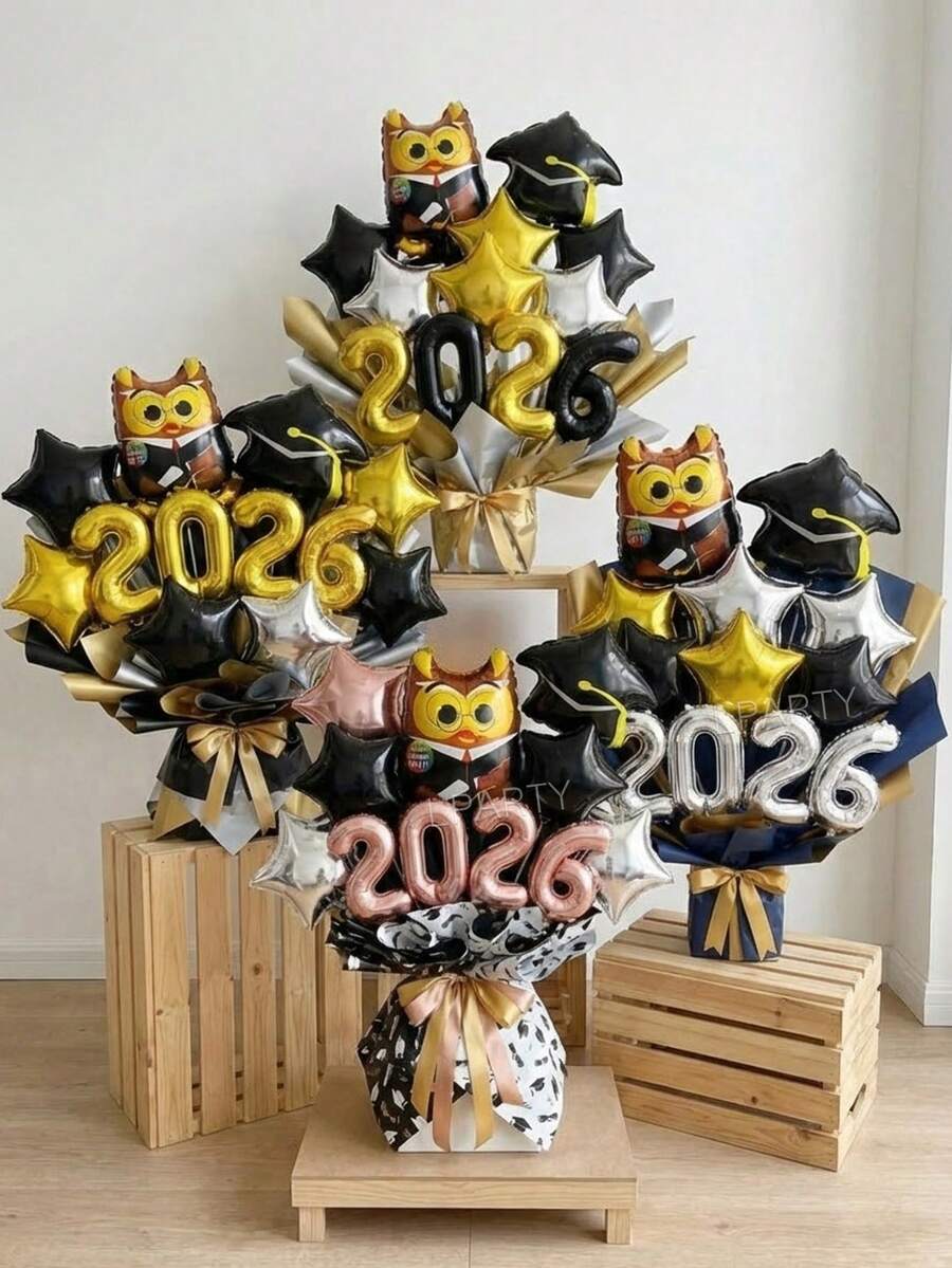 12 pièces/set Ballons de décoration pour fête de remise des diplômes, bouquet de ballons 4 styles, mini hibou docteur/bonnet de graduation/"Tu l'as fait" rond/ballons étoiles 10 pouces or/noir/argent/or rose, 2026, cérémonie de remise des diplômes - Voir 1
