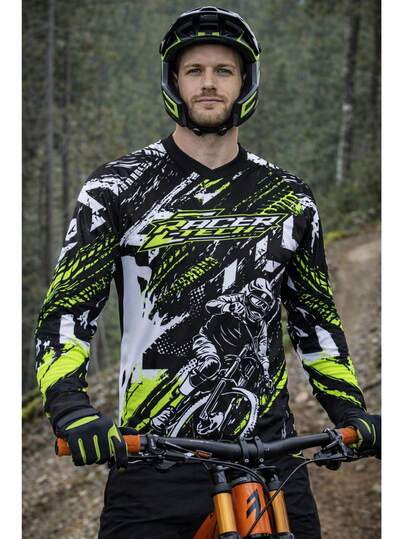 TELEYI 男女款越野摩托车/山地车竞速T恤，100%涤纶针织面料，V领长袖骑行服，户外运动上衣，插肩袖设计，吸湿排汗，透气，不易褪色，可机洗 - 适合徒步、训练、钓鱼、休闲穿着，黑色春季款