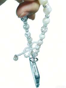 轻盈珍珠新款INS珍珠串珠蝴蝶结挂绳手机/钥匙链相机/包包挂饰春季礼物 - 白色 - 查看 9